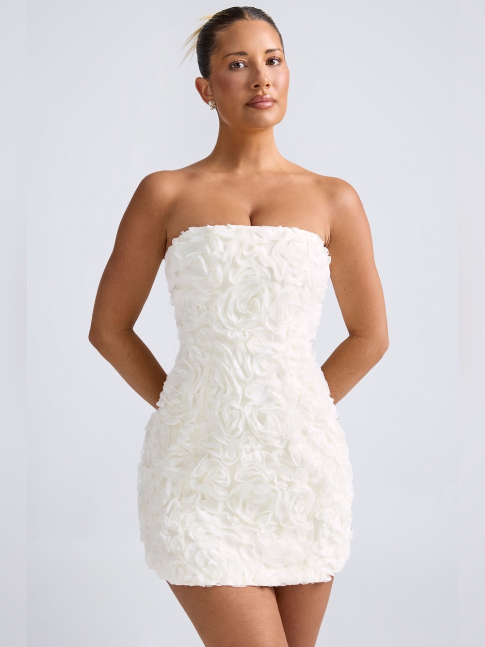 Oh Polly Azaelea Floral-Appliqué Bandeau A-Line Mini Dress in White